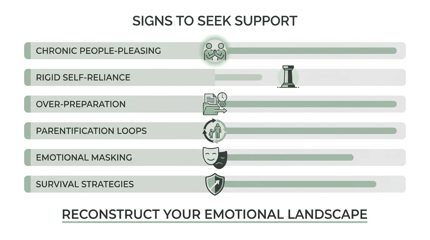 A checklist of psychological signs such as 'Rigid Self-Reliance' and 'Emotional Masking' that suggest therapy could help.