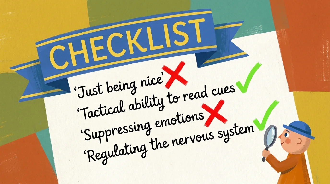 A checklist showing 'Just being nice' crossed out and 'Regulating the nervous system' checked off.