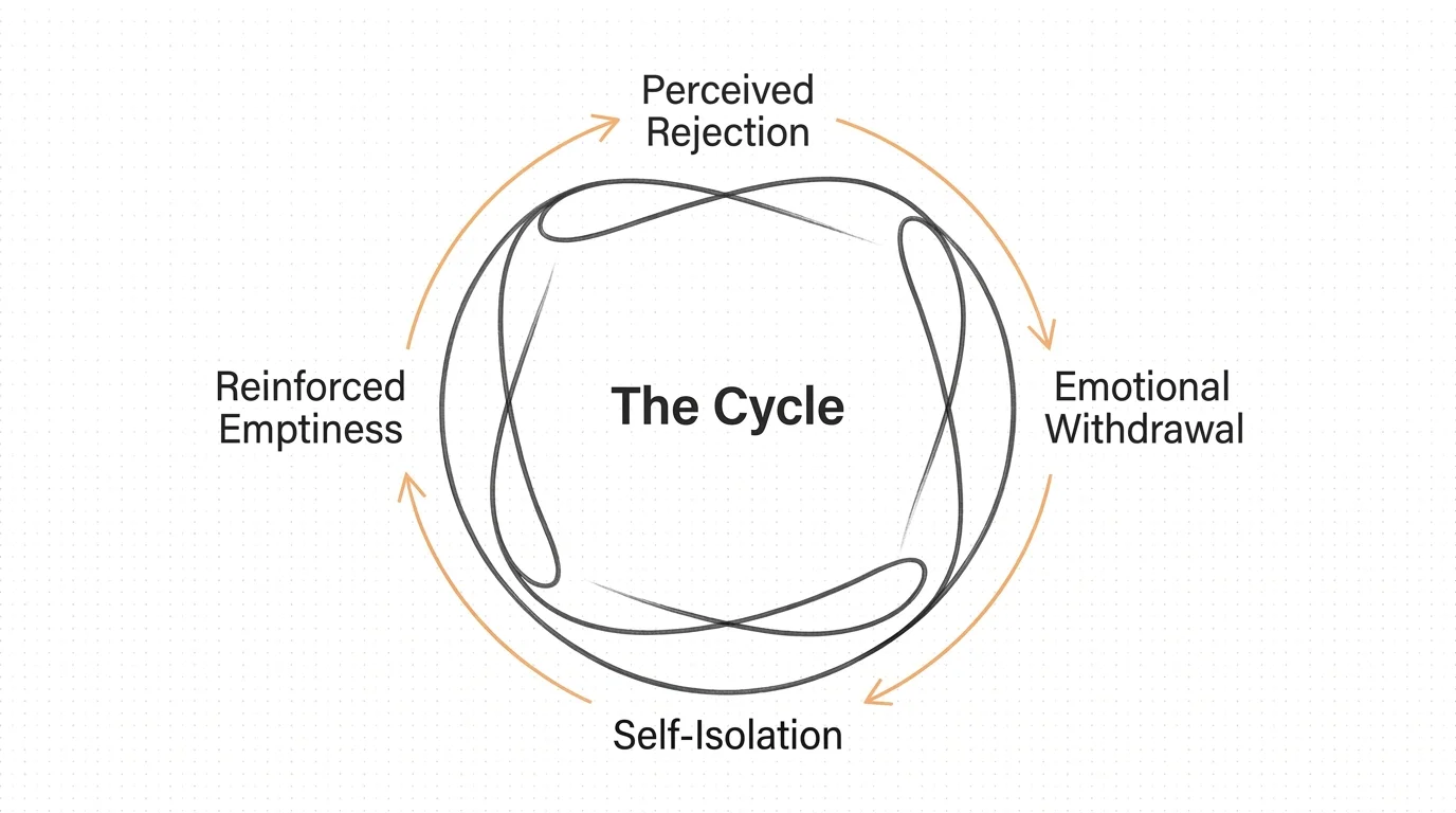 A circular diagram showing a feedback loop of rejection, withdrawal, isolation, and emptiness.