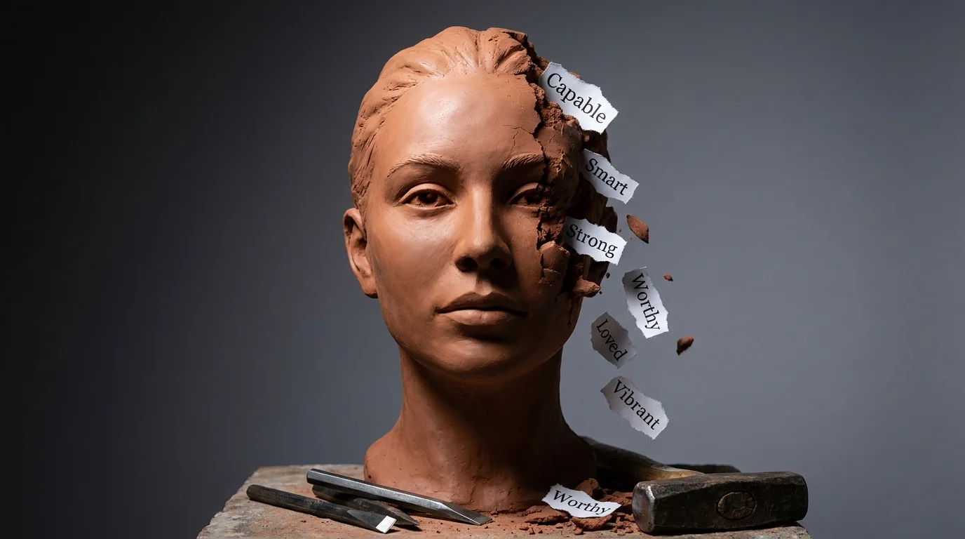 A clay bust being chipped away by tools, with the falling pieces revealing words like 'Capable' and 'Smart.'