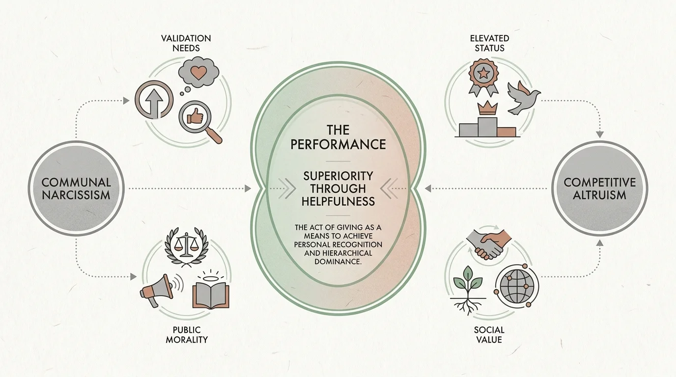 A clean editorial diagram comparing Communal Narcissism and Competitive Altruism, showing how both lead to performative helpfulness.