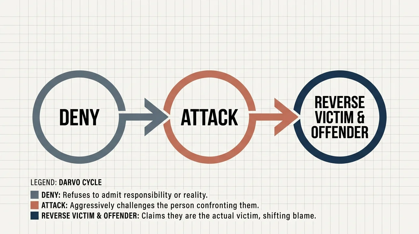 A clean flow diagram showing the three steps of DARVO: Deny, Attack, and Reverse Victim and Offender.