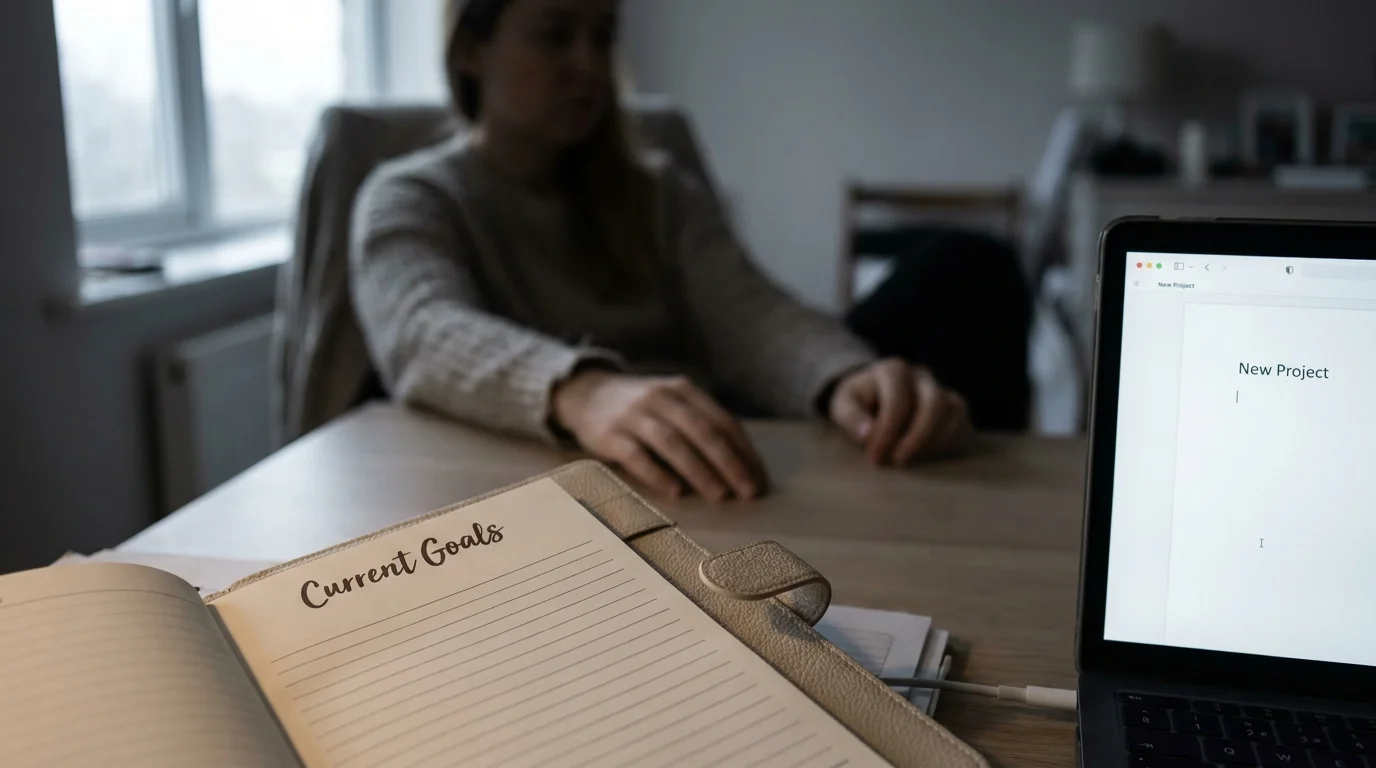 A close-up of a blank 'Current Goals' page in a planner, with a person's idle hands in the background.