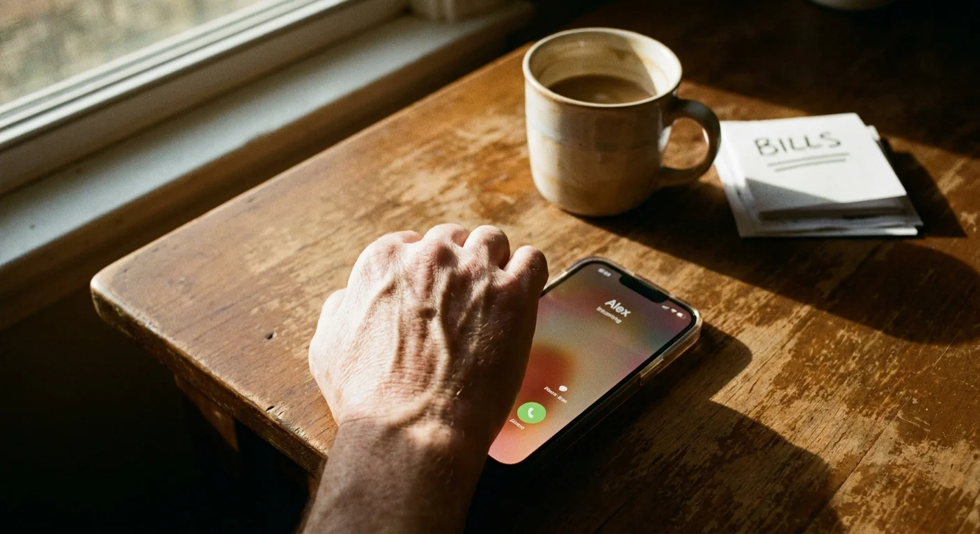 A close-up of a hand gripping a phone tightly as a call comes in, showing white knuckles and tension.