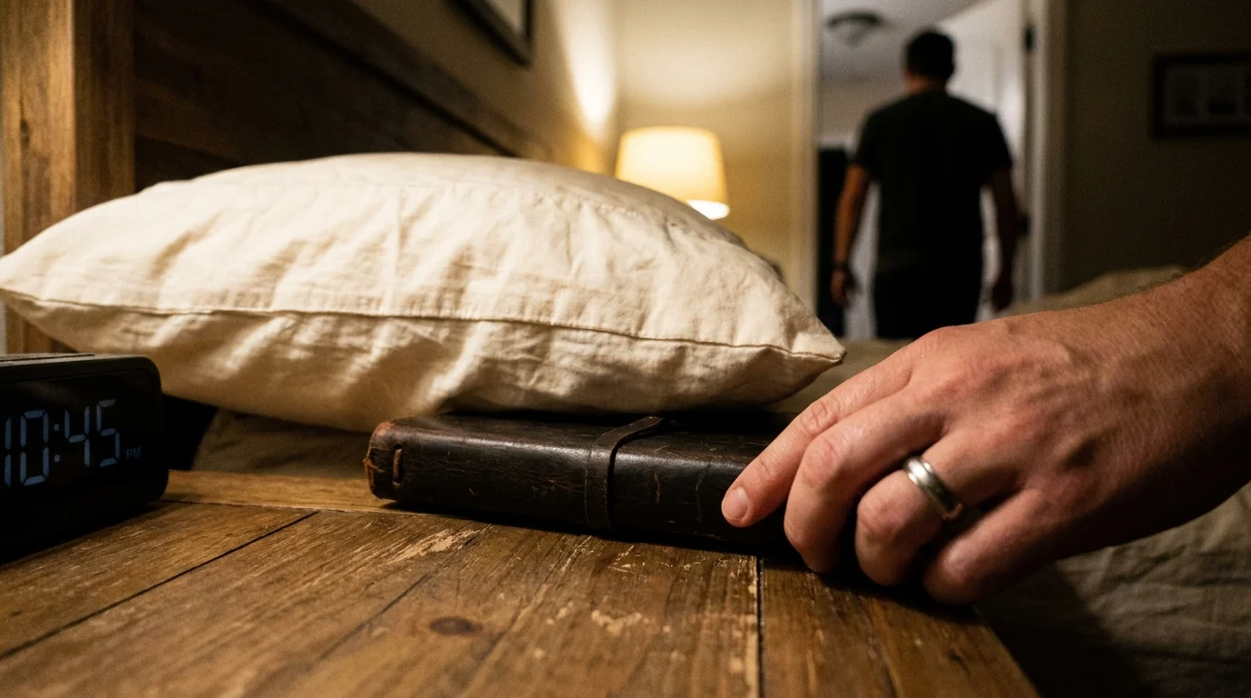 A close-up of a hand reaching for a private journal on a nightstand while the owner is blurred in the background.