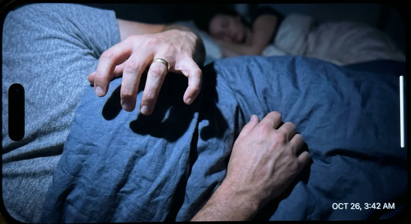 A close-up of a hesitant hand hovering over a sleeping partner's shoulder, captured in cool, nighttime smartphone lighting.