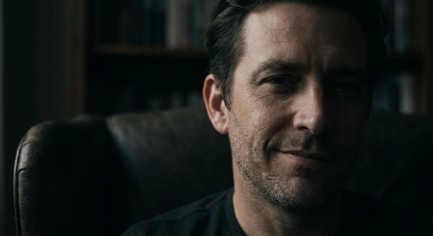 A close-up of a man's face showing a subtle, inappropriate smirk while the rest of his expression remains serious.