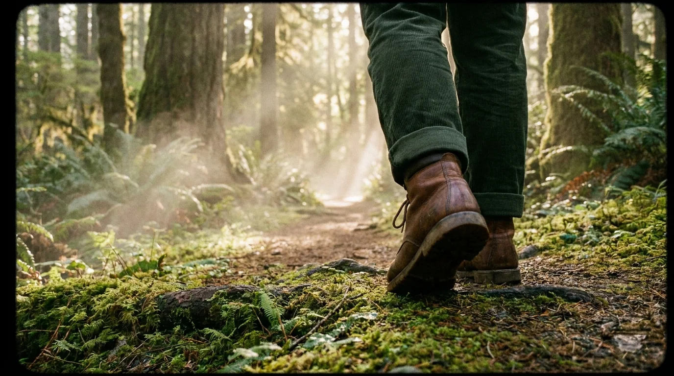 A close-up of a person's boots walking on a mossy path in the morning mist, symbolizing the start of a healing journey.