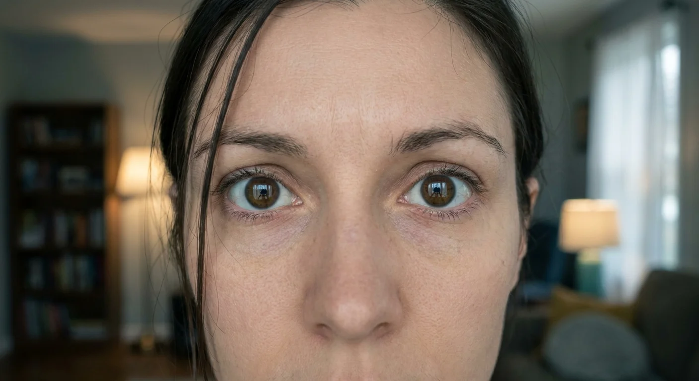A close-up of a person's eyes staring intensely and without blinking, illustrating overcompensated eye contact.