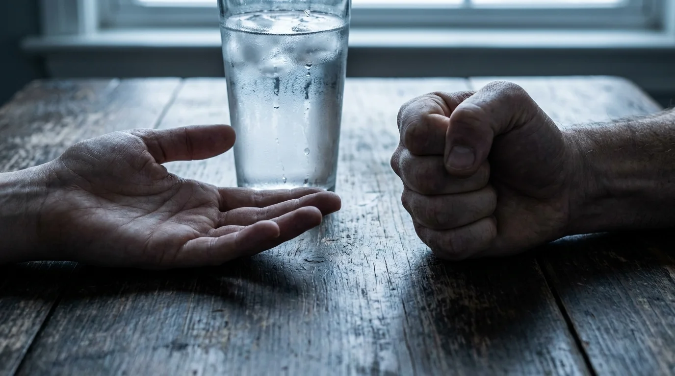 A close-up of a vulnerable open hand and a defensive fist on a table, separated by a cold glass of water.