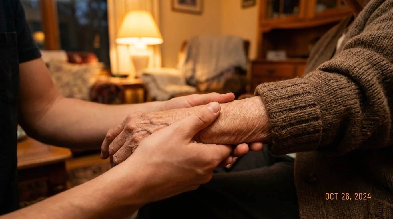 A close-up of a younger hand resting supportively on an older person's arm in a warmly lit room.