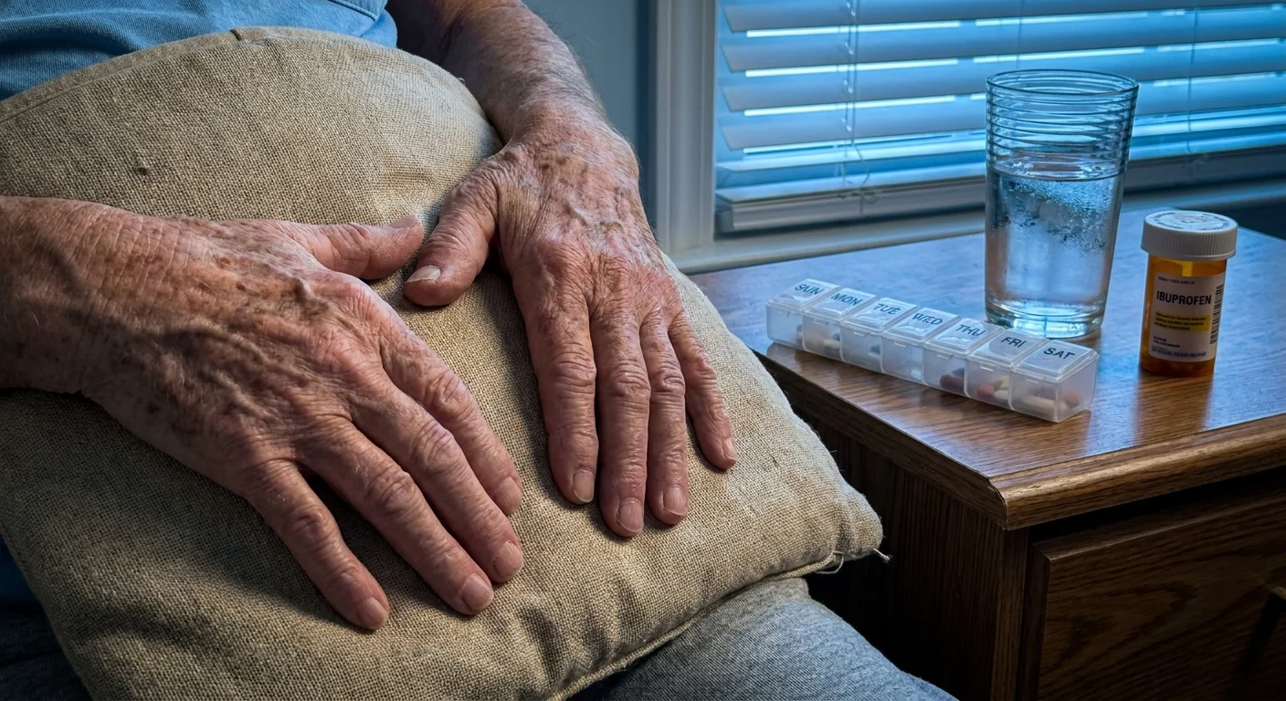 A close-up of arthritic hands on a heating pad next to a pill organizer, symbolizing the daily reality of chronic pain.