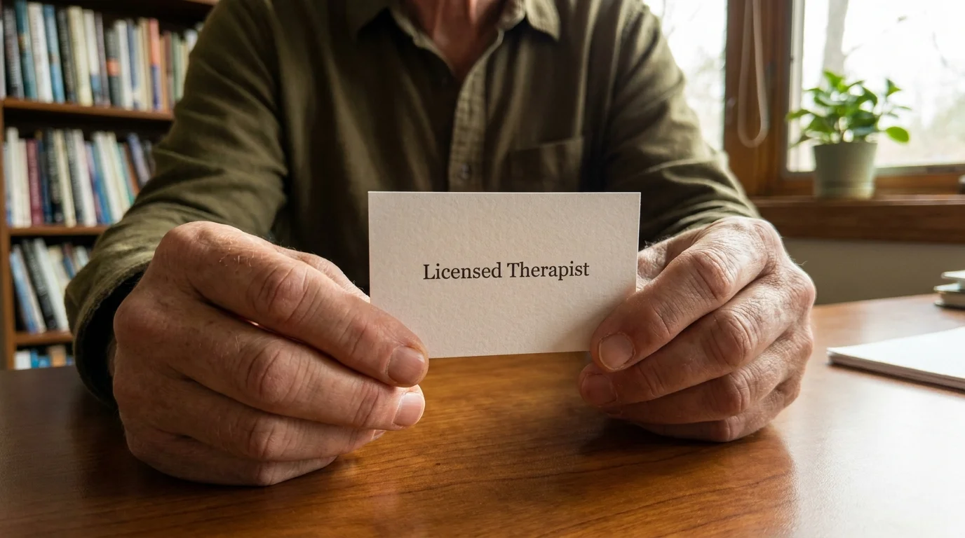 A close-up of hands holding a therapist's business card in a warm, sunlit room.