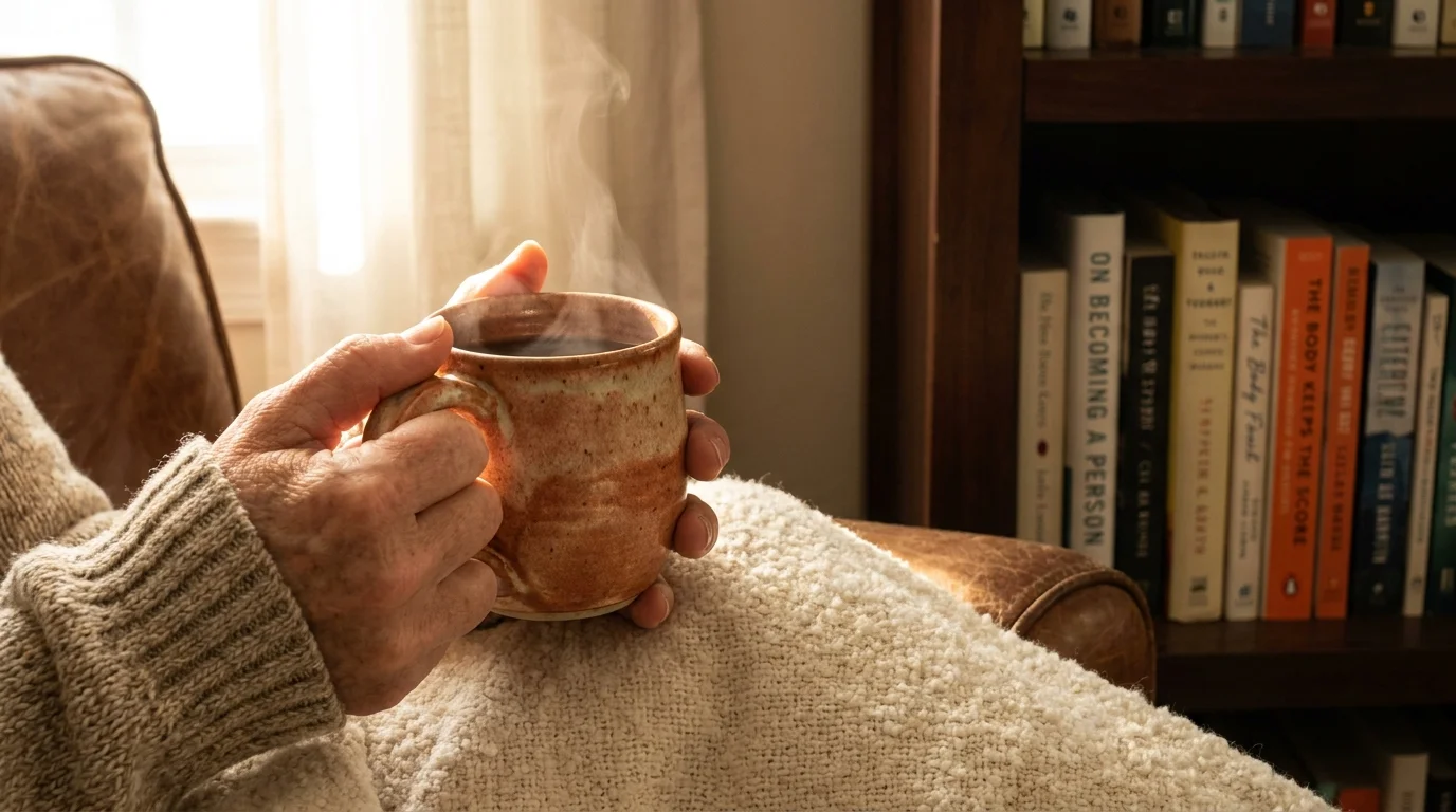 A close-up of hands holding a warm mug in a soft-lit, comfortable room, suggesting a safe space for healing.