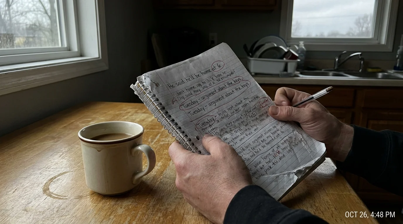 A close-up of hands writing dates and events in a notebook on a kitchen table, suggesting a person trying to track the truth.