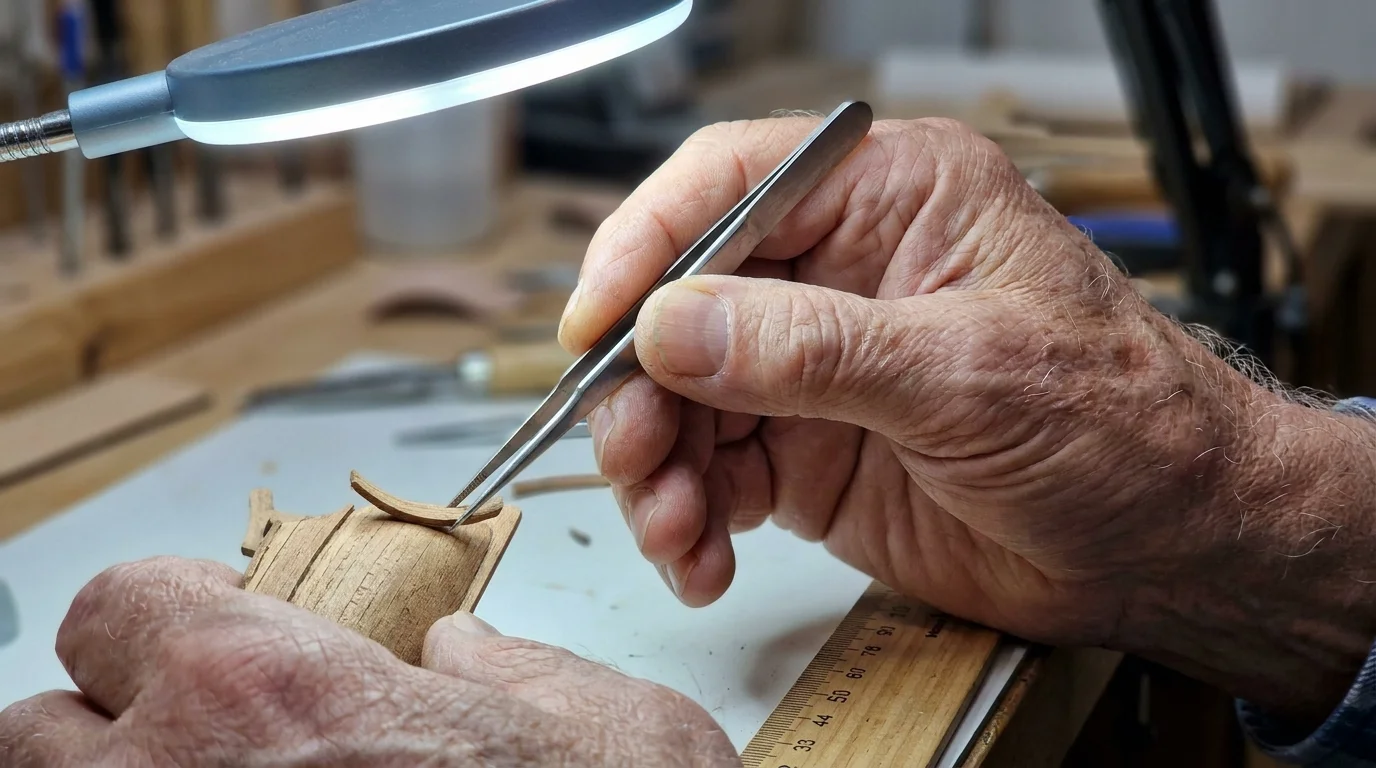 A close-up of older hands using tweezers for a highly detailed hobby, representing perfectionism.