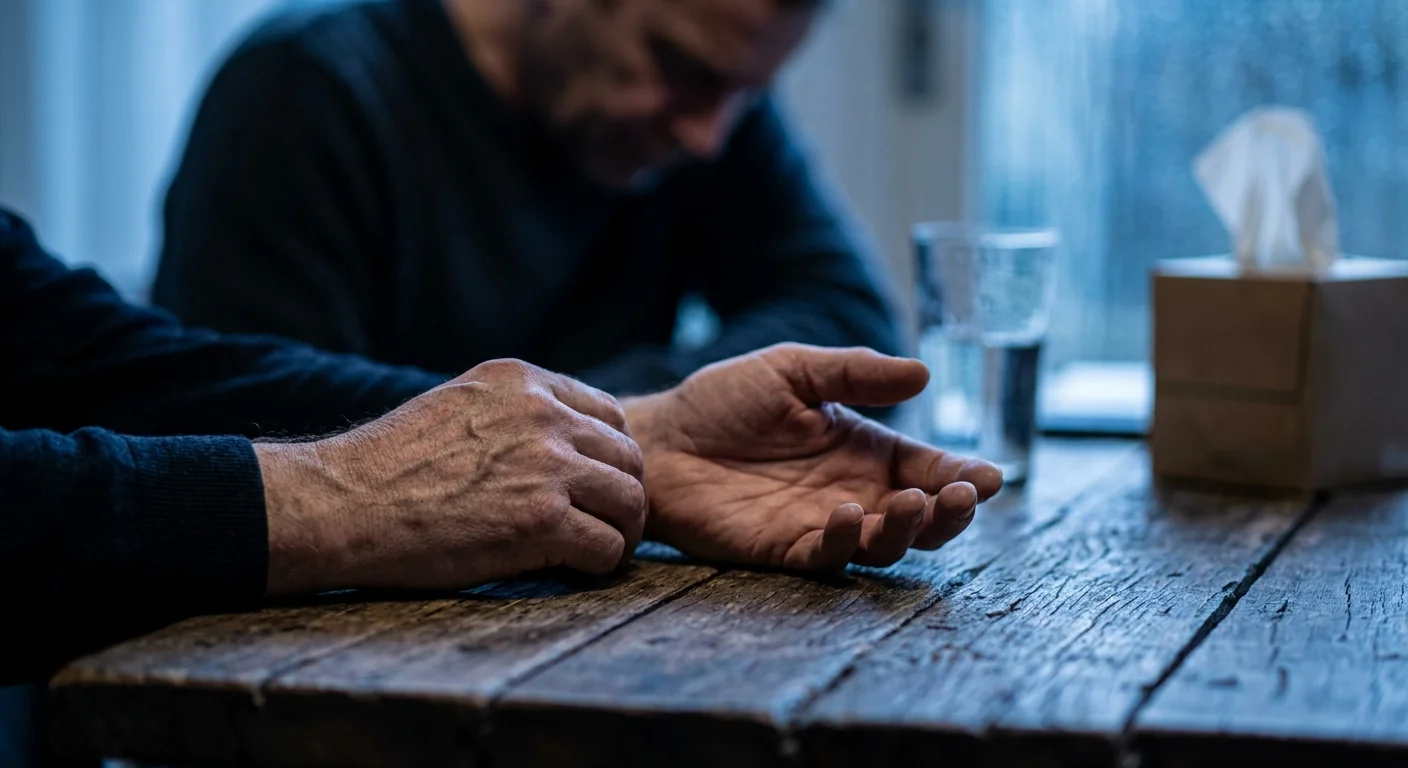 A close-up of two hands resting near each other on a table, suggesting quiet presence without intrusion.