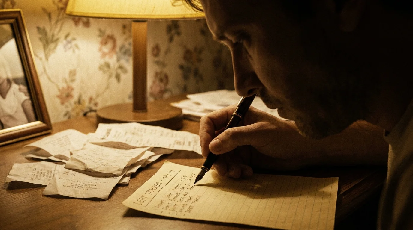 A close-up photo of a hand hovering over a stack of receipts and notes, symbolizing the tallying of emotional debts.