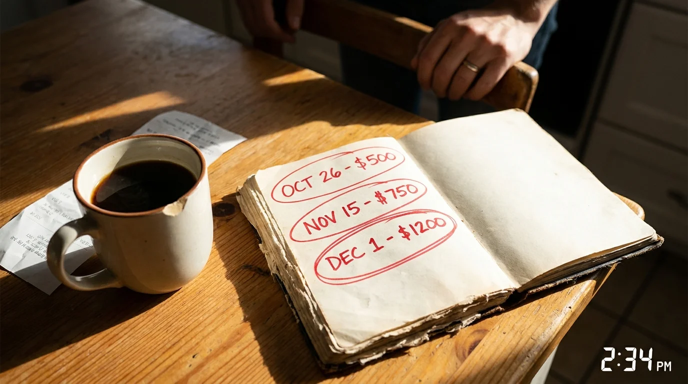 A close-up photo of a kitchen table with a ledger book full of red-circled dates next to a cold cup of coffee.