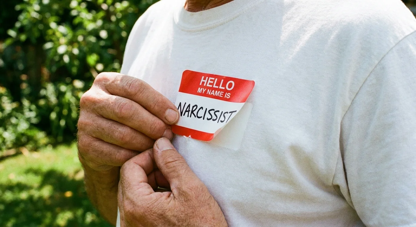 A close-up photo of hands peeling a 'Narcissist' name tag off a shirt to reveal the plain fabric underneath.