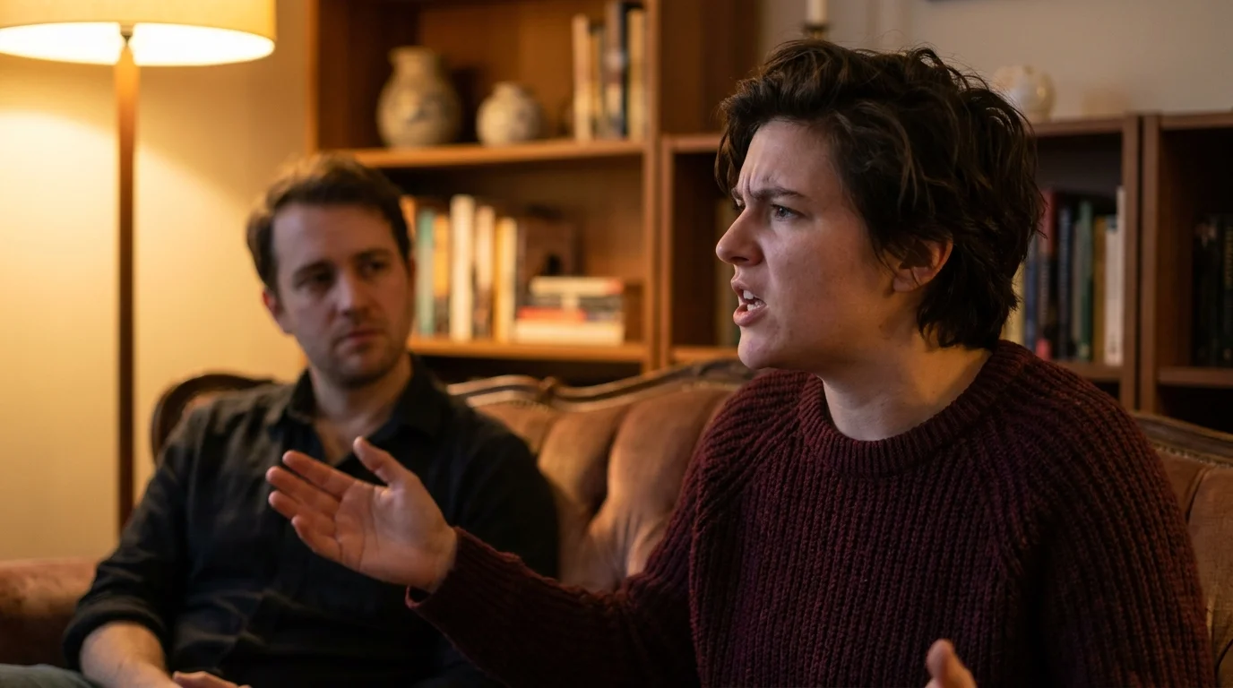 A close-up photo where one person is talking animatedly while the person next to them looks resigned and unheard.