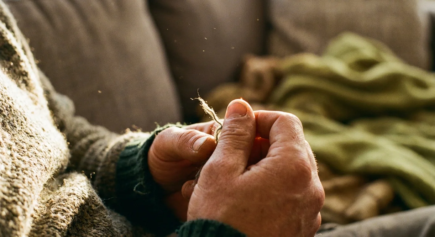 A close-up photograph of a person's hands nervously picking at a loose thread on their sweater sleeve in warm afternoon light.