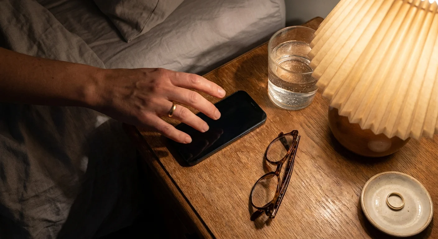 A close-up shot of a hand reaching for a face-down smartphone on a bedside table in dim lamp light.