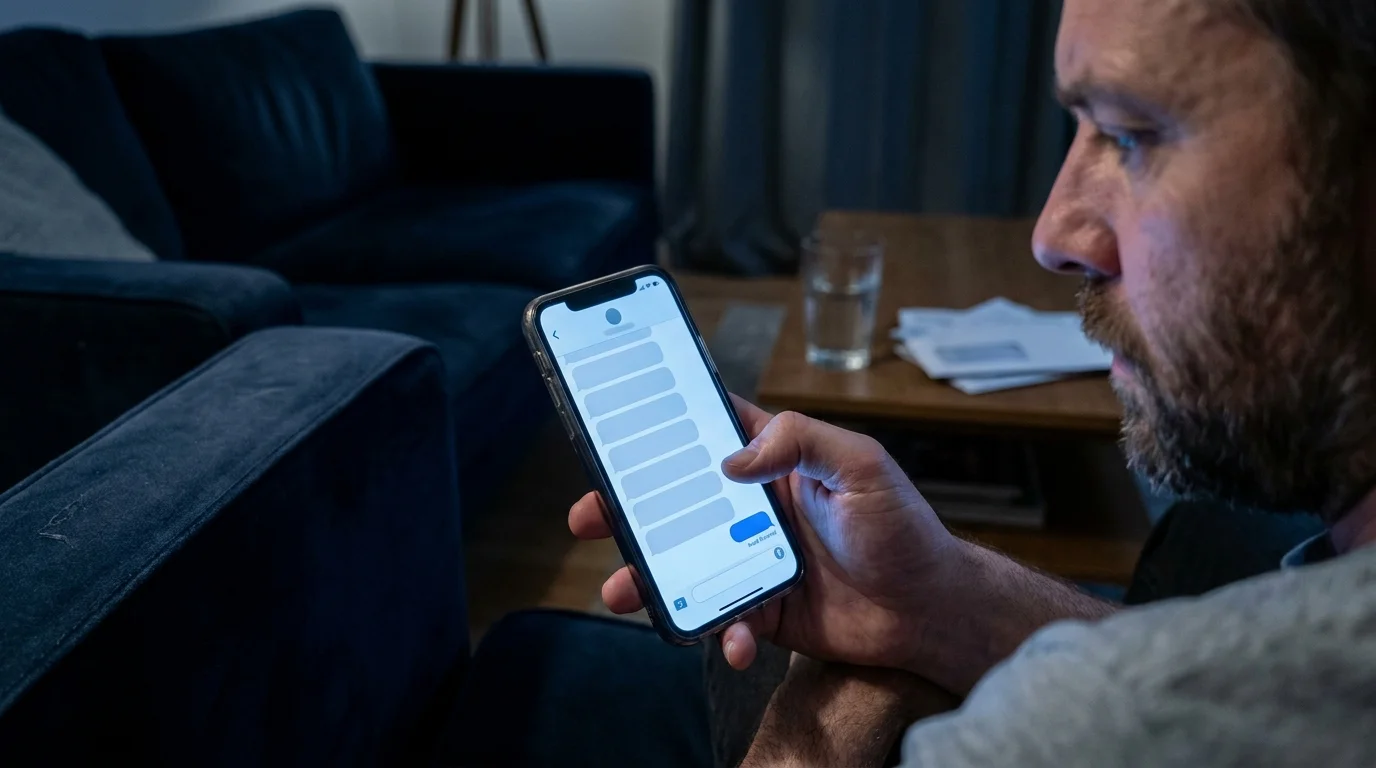 A close-up shot of a person tensely checking their phone in a dark room, capturing the anxiety of waiting for a response.