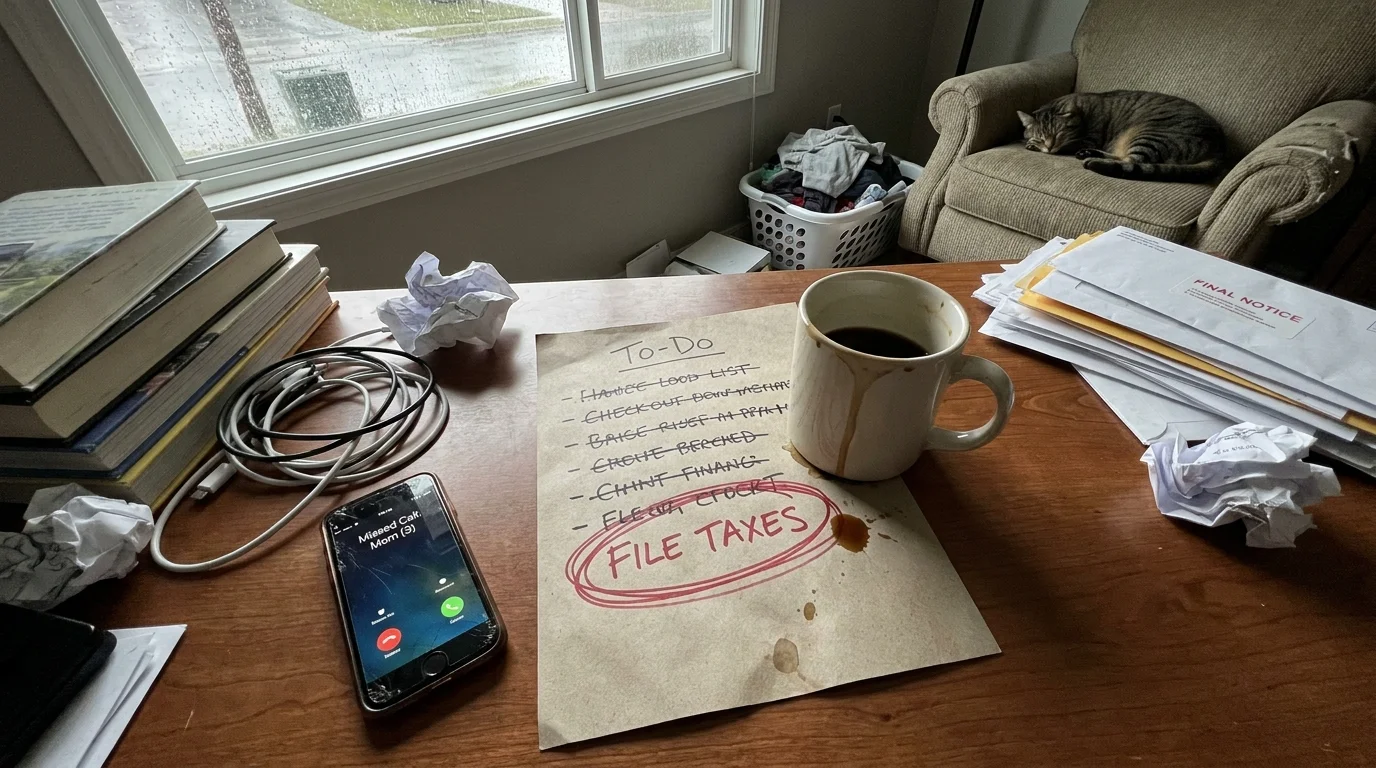 A cluttered desk with a half-covered to-do list and a spilled drink, symbolizing the passive-aggressive act of feigned forgetfulness.