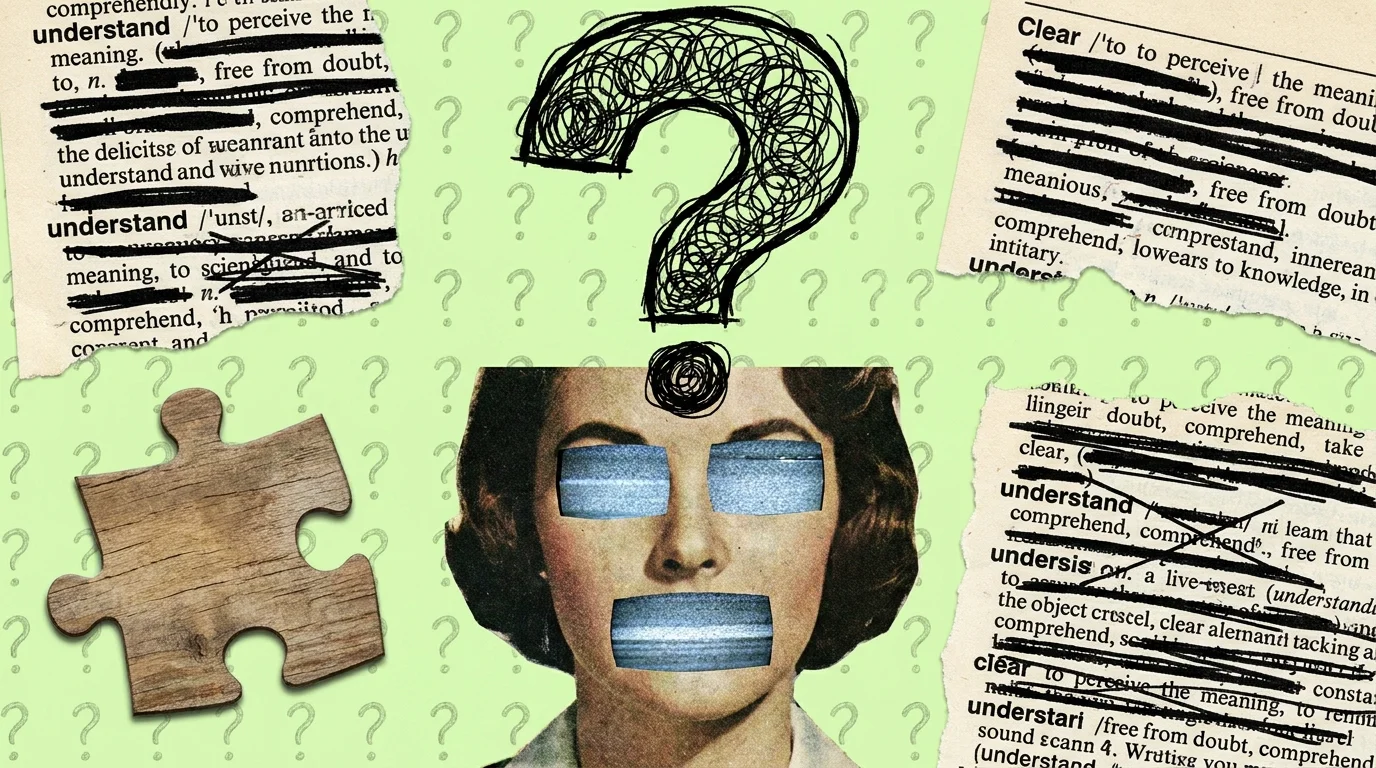 A collage of a person with TV static for eyes and a giant question mark, symbolizing feigned confusion.