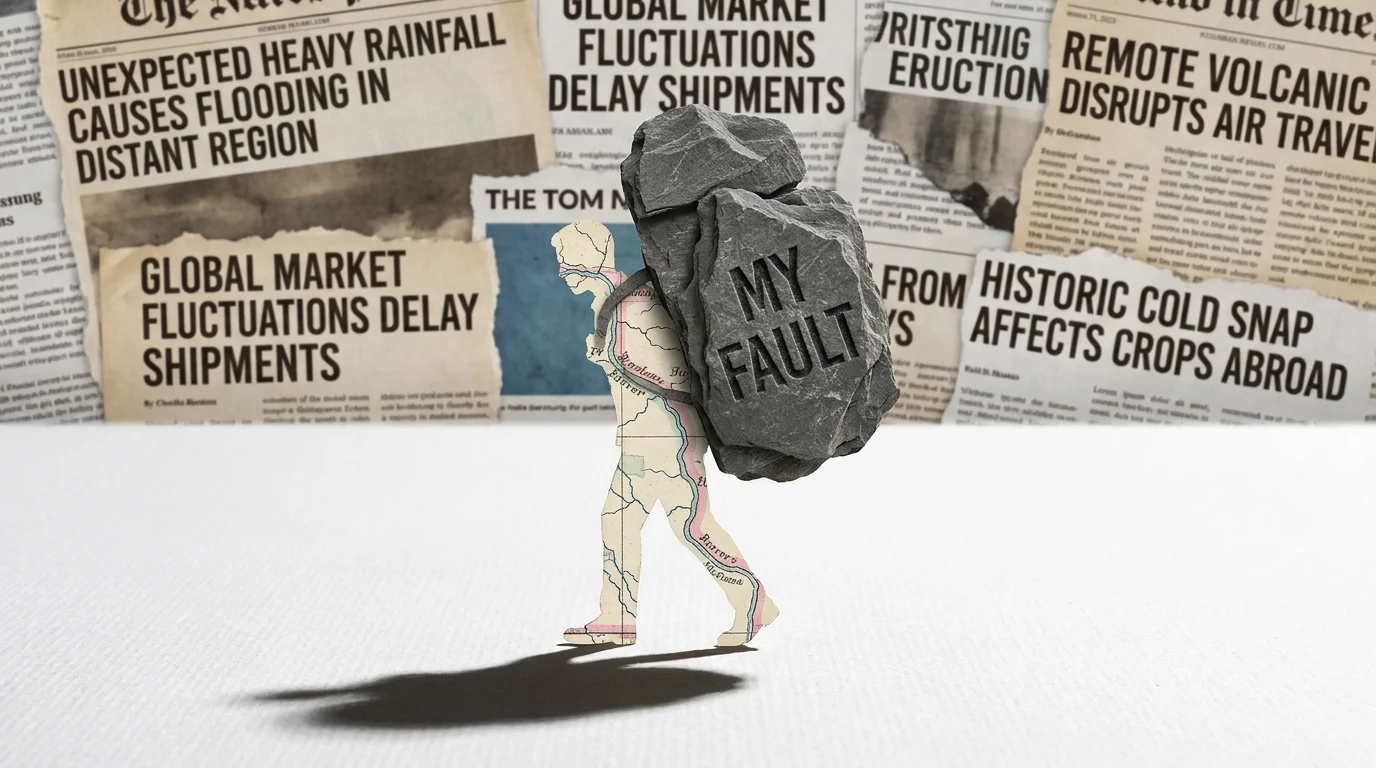 A collage of a small map-cutout figure carrying a heavy stone labeled 'My Fault' across an empty space.