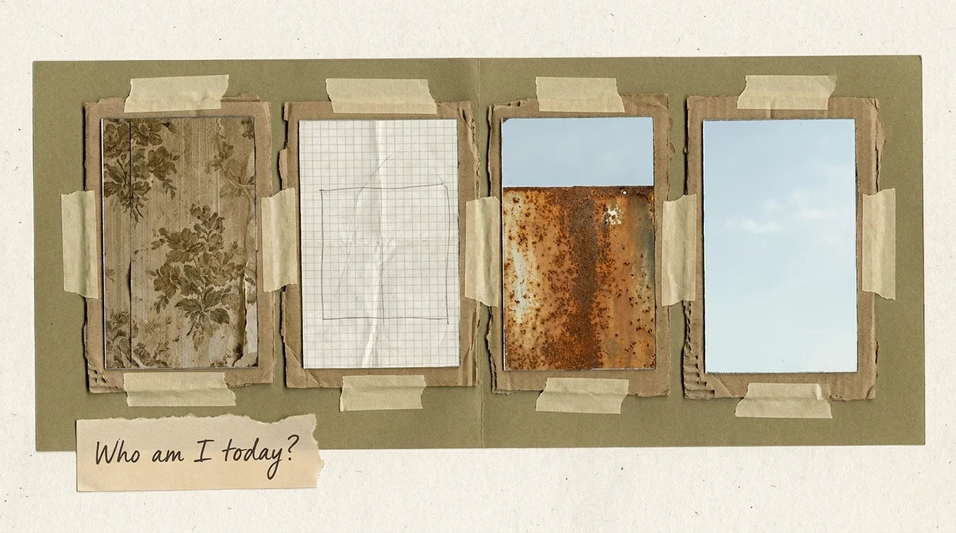A collage of four mirrors, each reflecting a different material instead of a face, representing identity diffusion.