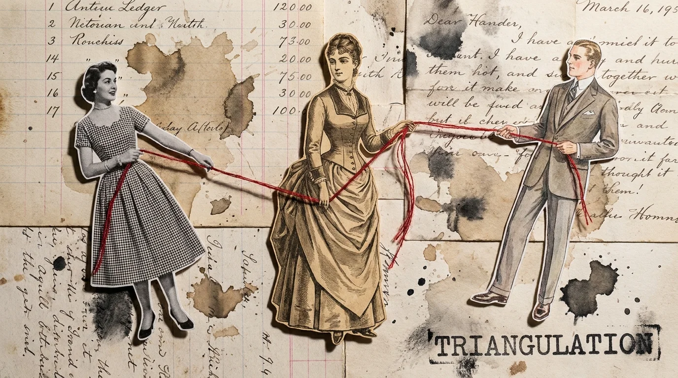 A collage of paper dolls connected by red strings in a triangle, representing the manipulation tactic of triangulation.