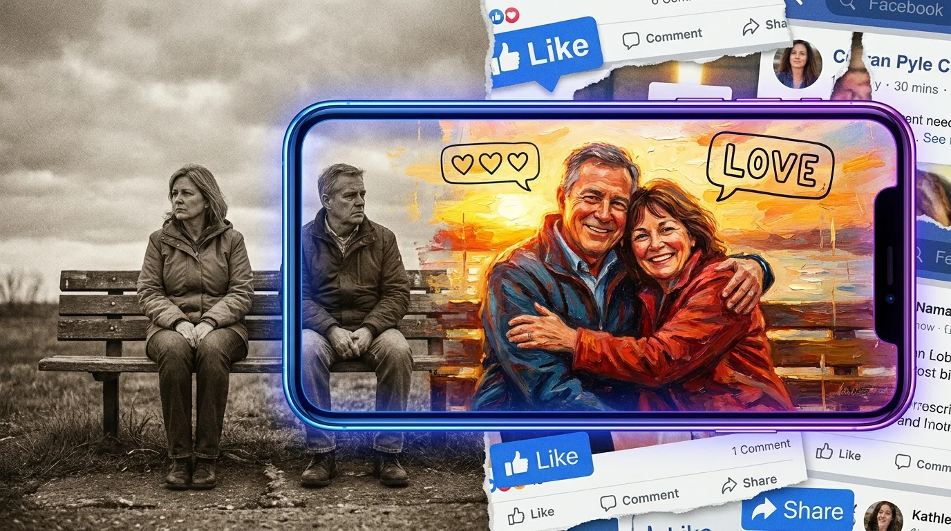 A collage showing a bored couple on a bench, contrasted with a glowing phone screen where they appear perfect and happy.