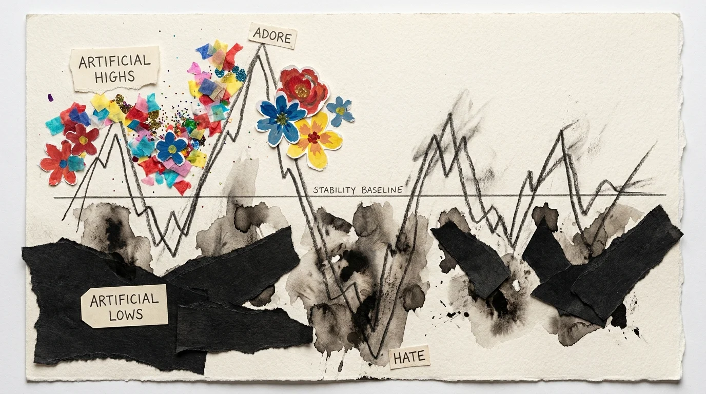 A collage showing a line graph with extreme peaks and valleys, decorated with flowers and dark ink respectively.
