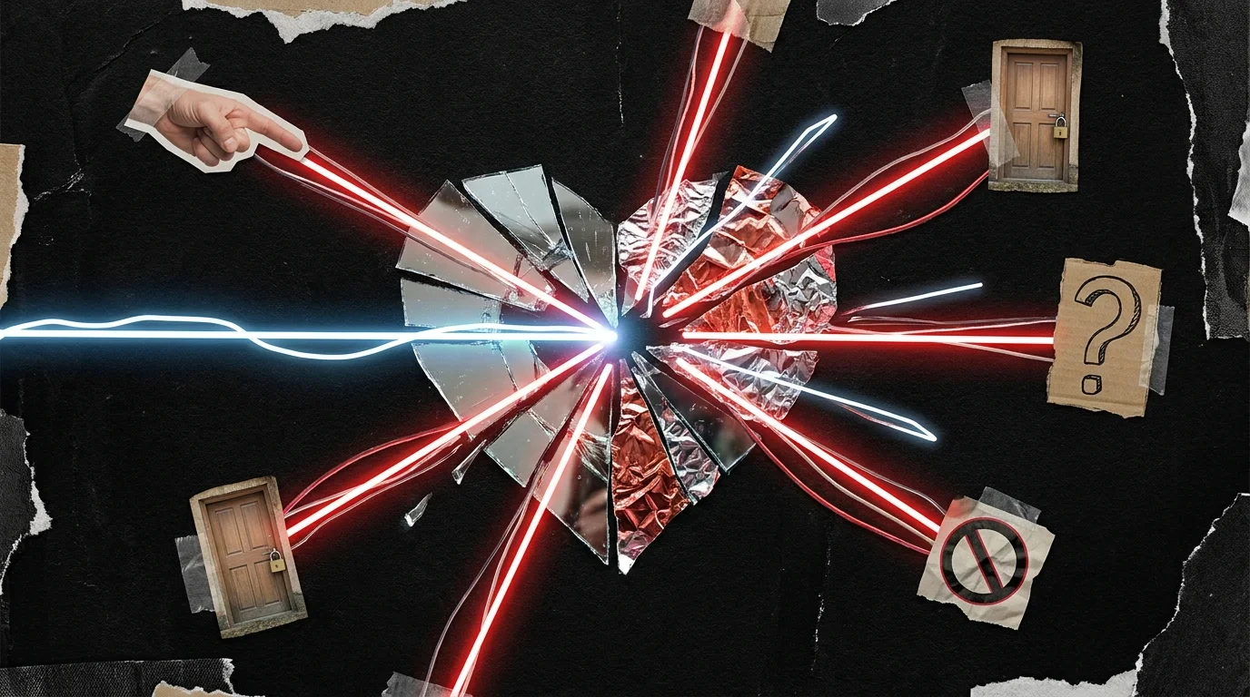 A collage showing a mirror heart deflecting light beams toward pointing fingers and closed doors.
