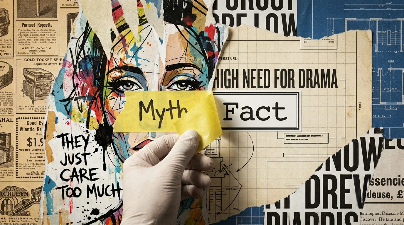 A collage showing a 'Myth' label being peeled back to reveal a 'Fact' label about drama-seeking behavior.