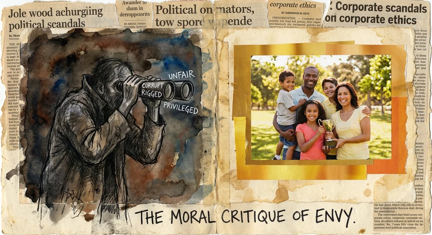 A collage showing a person looking through binoculars labeled 'Unfair' at someone else's success.