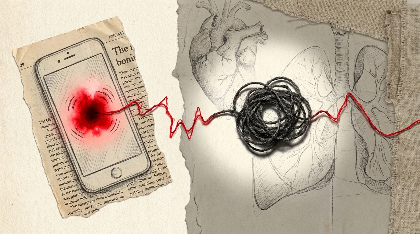 A collage showing a red ink blot on a phone screen connected to a tangled knot of twine, representing a nervous system reaction.