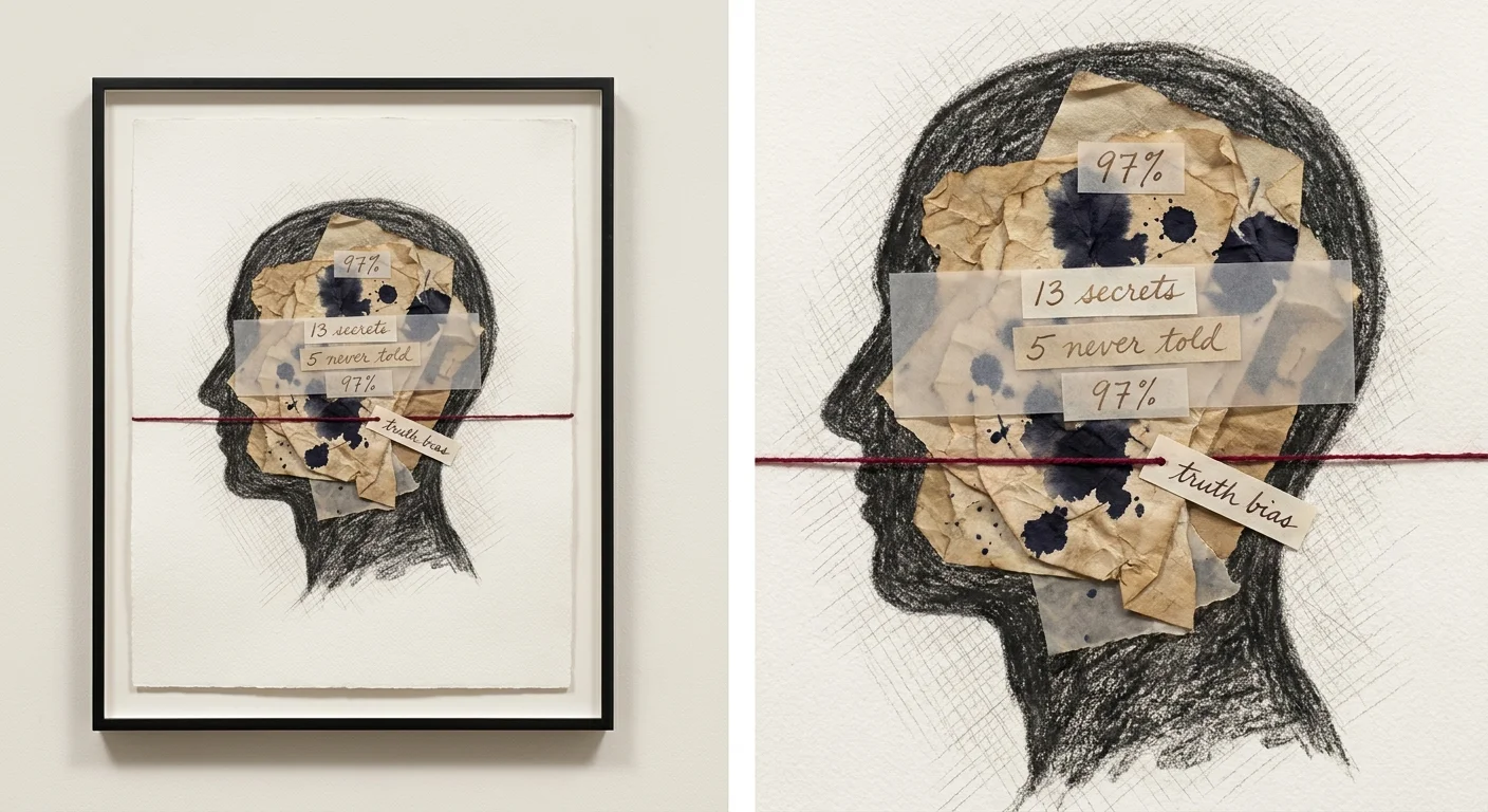 A collage showing a silhouette filled with textures and numbers like 13 and 97 percent, representing the mental burden of keeping secrets.