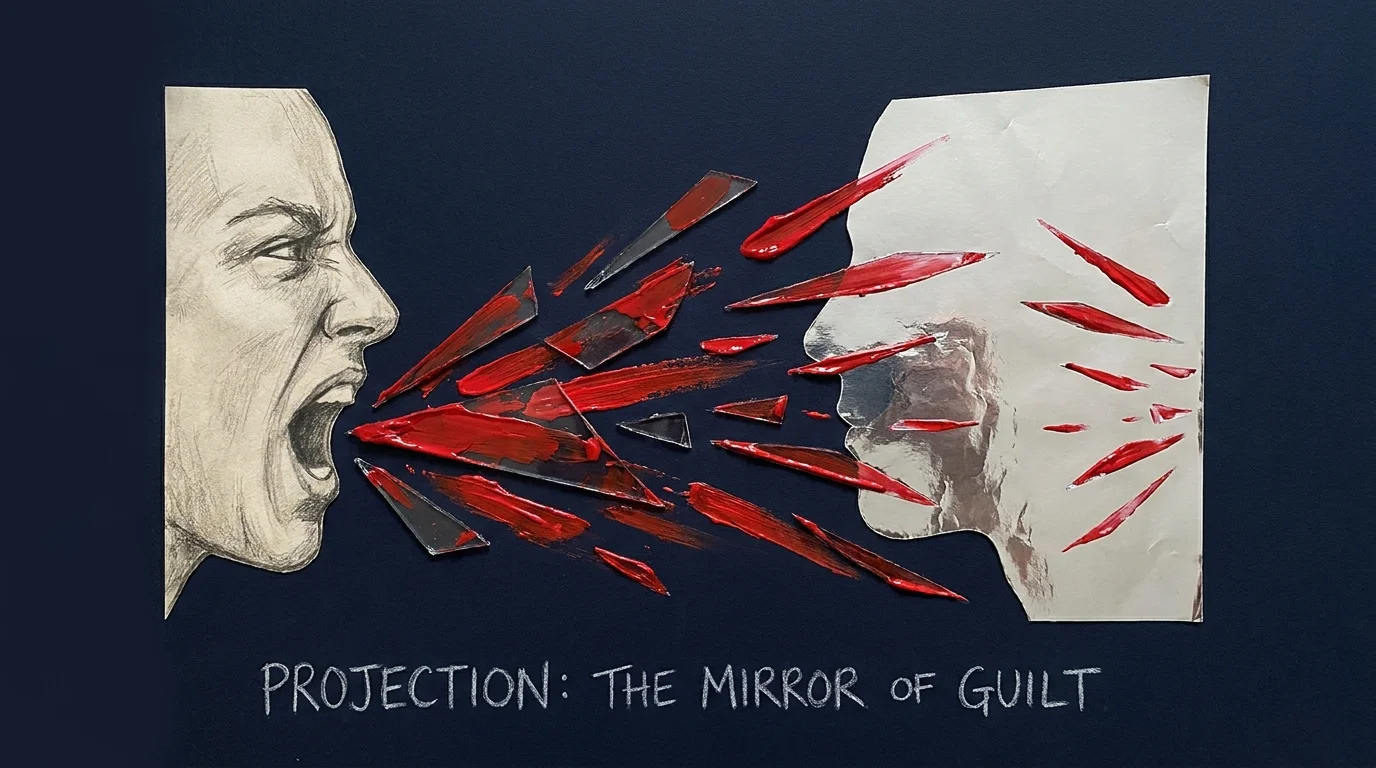 A collage showing one person's accusations being reflected back at them in a mirror, symbolizing psychological projection.
