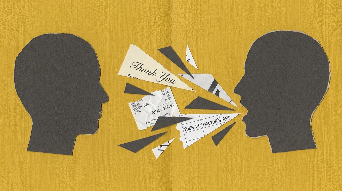 A collage showing silhouettes in a conflict, where one person is throwing shards of past favors at the other.