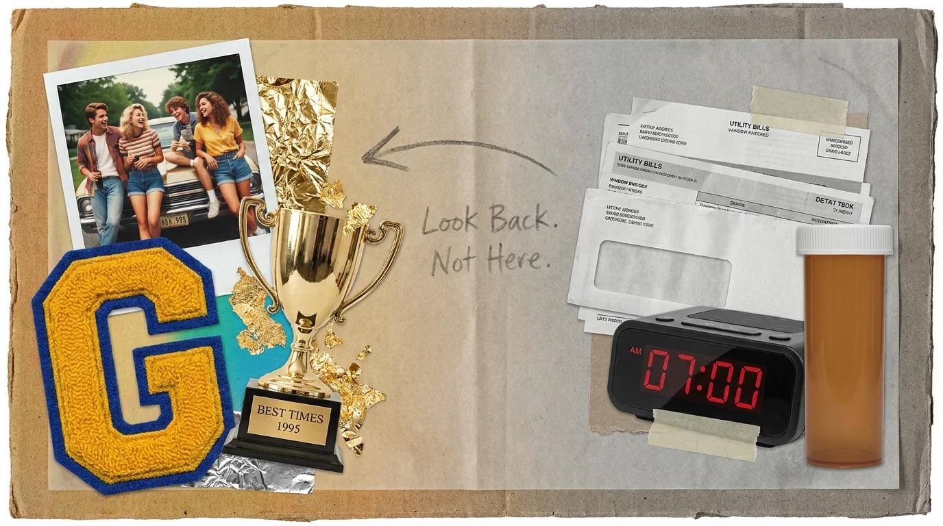 A collage transitioning from bright, nostalgic objects to muted, modern-day household items.
