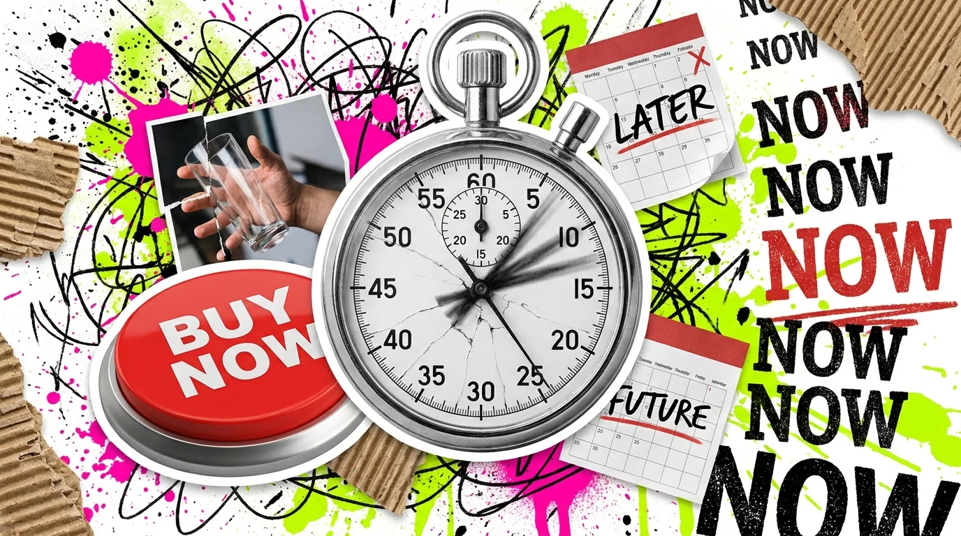 A collage with a spinning stopwatch, 'BUY NOW' text, and frantic neon colors, symbolizing impulsivity.