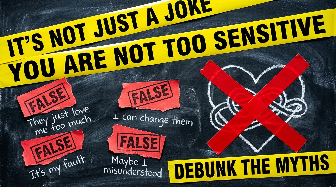 A collage with caution tape and the words 'IT'S NOT JUST A JOKE' and 'YOU ARE NOT TOO SENSITIVE' over a chalkboard.