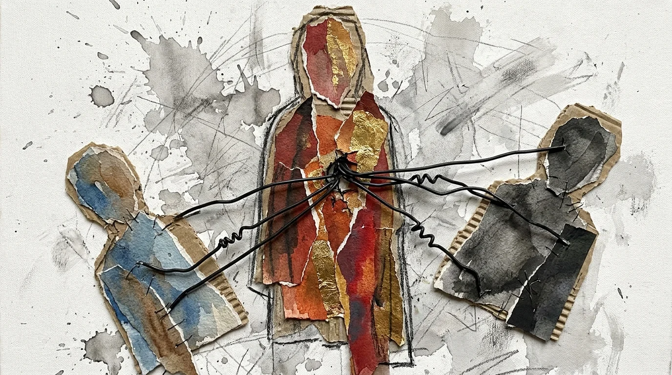 A collage with wire connecting three abstract paper figures, with a central figure pulling the strings to create tension.