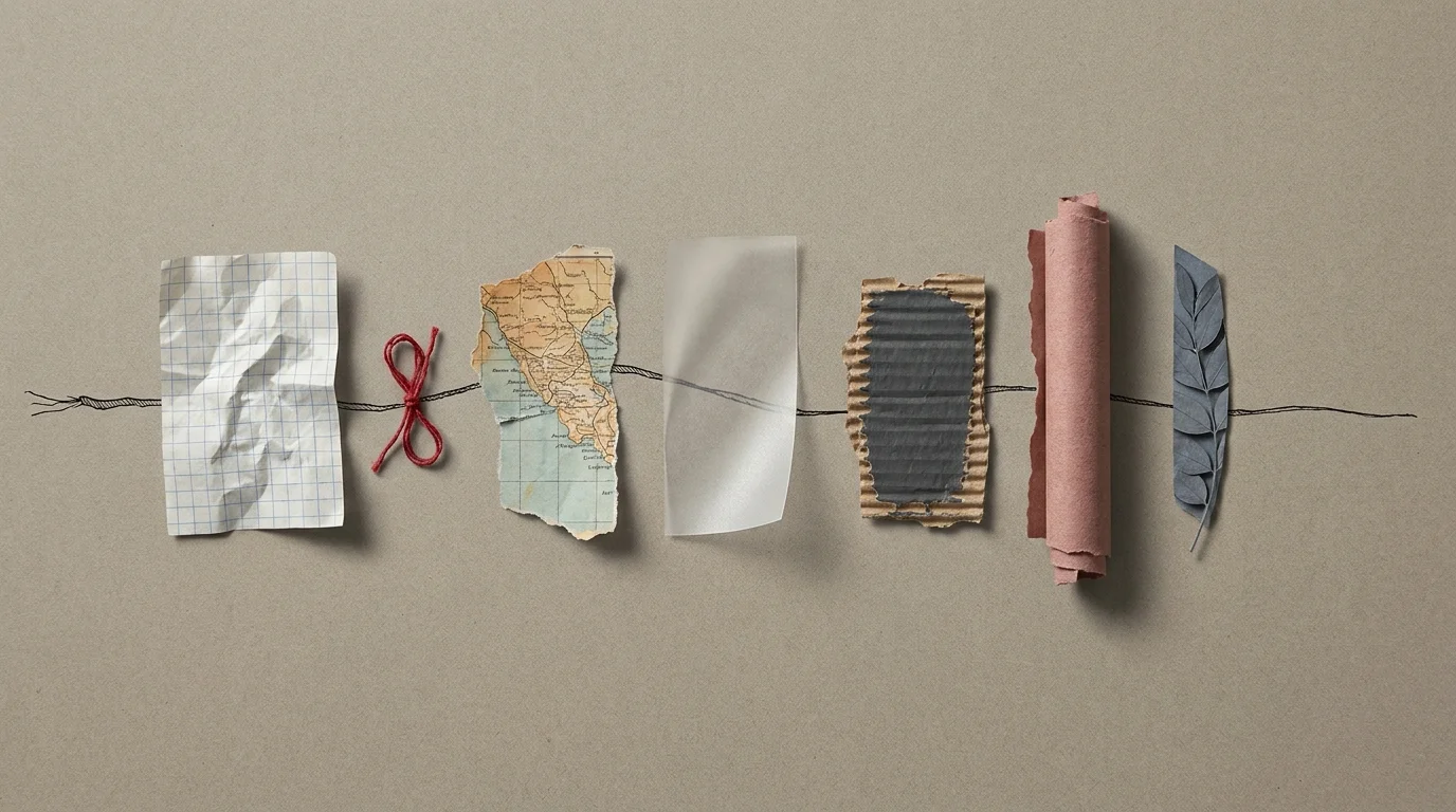 A collection of seven abstract paper textures and symbols connected by a fraying ink line, representing the signs of energy drain.