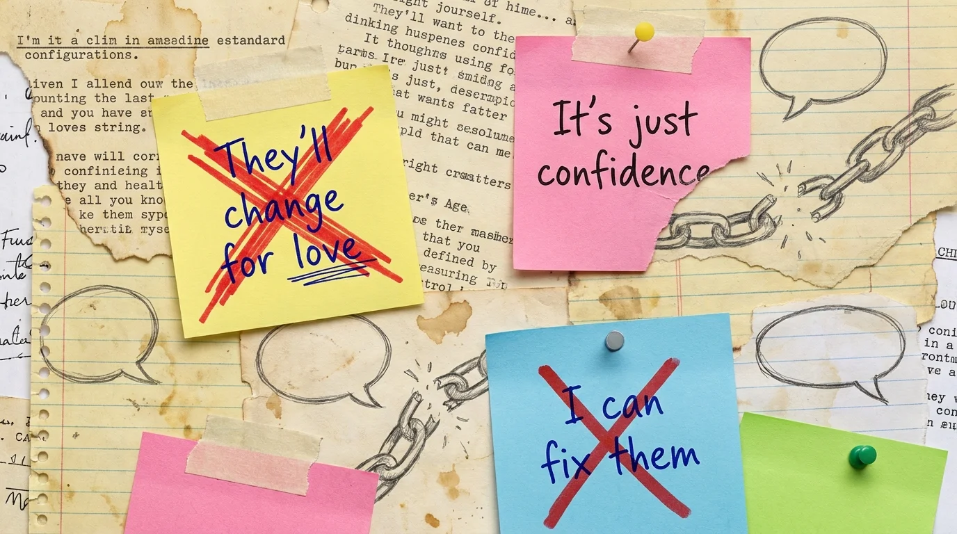 A collection of sticky notes with common relationship myths written on them and then crossed out with red marker.