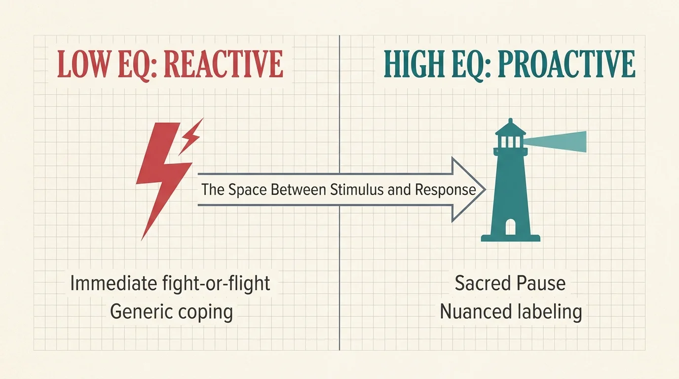 A comparison chart showing Low EQ as reactive and High EQ as proactive, with a space between stimulus and response.