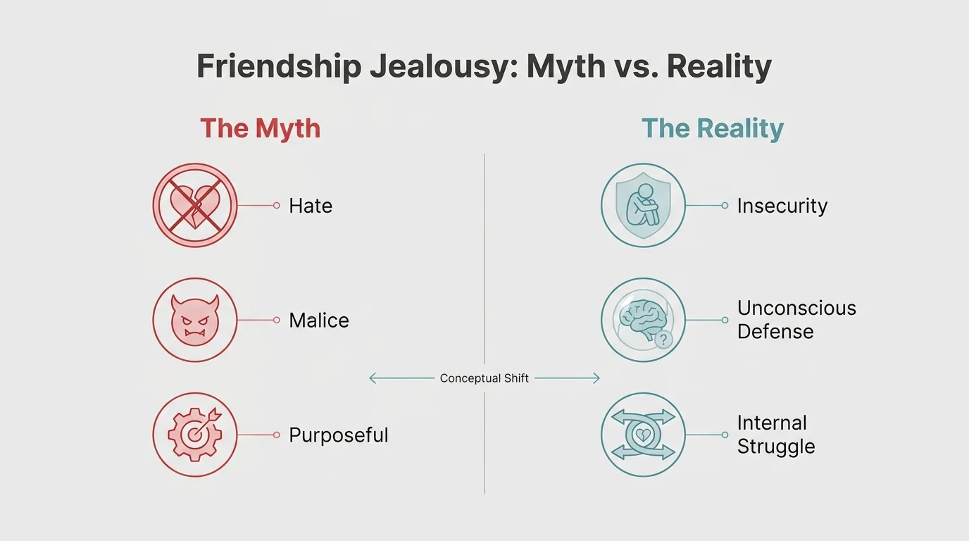 A comparison chart showing that jealousy is driven by insecurity rather than malice.